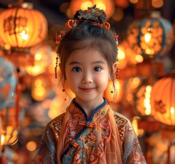 Ai Generative photo of a happy muslim girl with ramadan lanterns in streets