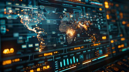 Closeup on a high tech digital ledger displaying real time global transaction data symbolizing the impact of blockchain on international trade
