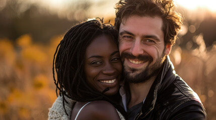 Happy interracial couple hugging outdoors