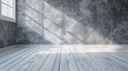 Room with a white wooden floor and a gray wall