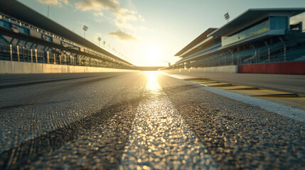 Dawn light reflects off an empty race circuit  silence hanging before the day's races begin  expectant and ready - obrazy, fototapety, plakaty