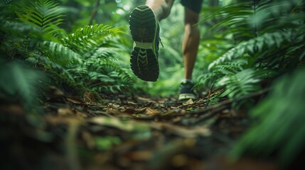 Action shot of a trail runner on a forest path  close up on vibrant trail shoes  capturing motion and nature's backdrop