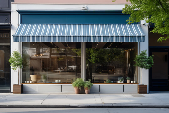 Urban cafe with striped awning and clear street view windows.
