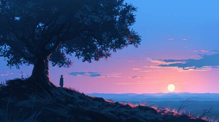 A boy stands on a hilltop, looking out over a beautiful sunset