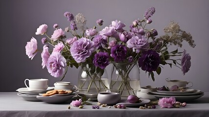  {A digital illustration showcasing a collection of lovely purple flowers} elegantly arranged on {a table} set against {a simple gray background}.