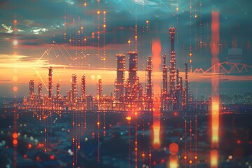 Fototapeta premium A city skyline with a sunset in the background