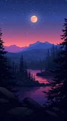 A beautiful landscape with a full moon rising over a mountain range