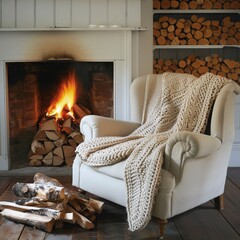 Fototapeta premium Cozy living room with a blazing fireplace and a comfortable armchair