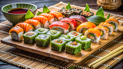 Maki Futomaki Sushi Rolls. Sushi menu. Japanese food. Close-up, selective focus, blurred background.