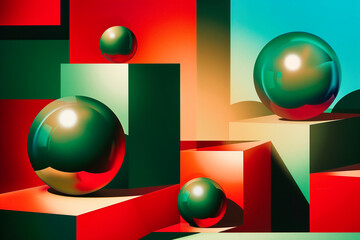 Surreal abstract geometric forms. Glossy red, green and blue podiums with balls.