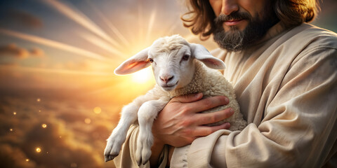 Jesus with a sheep, carrying it in his arms. Biblical story concept theme.background