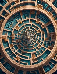 Architectural design forming a circular maze like pattern with detailed carvings and decorations, and glowing turquoise elements illuminate parts of the structure, Generative AI.