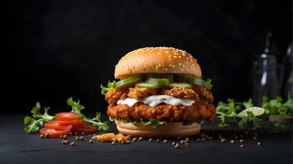 hamburger on a black backdrop, wallpaper featuring a hot, freshly made, crispy fried chicken sandwich with flying ingredients and spices, ready for serving and consumption. 
