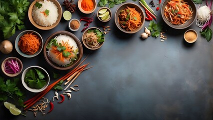 Asian cuisine background, top view, with different ingredients on a rustic stone background. Thai or Vietnamese food