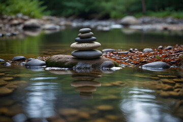 a peaceful scene where rounded pebbles rest by a serene river