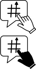 Icons Trending. Black and White Vector Hashtag Icons with Up Arrow and Index Finger. Popularity, Increase in the Number of Search Queries. Social Media Concept