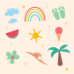 Colourful summertime set. Vacation mood.