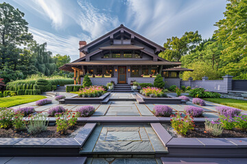 The elevated front angle of a dusky lavender craftsman cottage, showcasing a two-pitched roof,...
