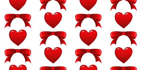 Seamless pattern of red hearts with red bows in between them. Concept of love and romance. For fabric, wallpaper, wrapping paper, holiday packaging. Vector illustration.
