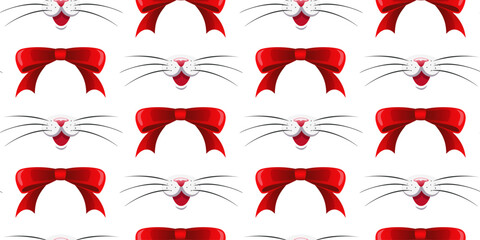 Red bows and a pink cats nose with long whiskers on a white background. Seamless pattern with red ribbons and animal nose. For fabric, wallpaper, wrapping paper, holiday packaging. Vector illustration