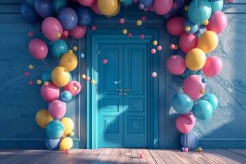 Cute 3D render of colorful balloons floating through blue door	