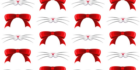 Cute pink nose with pet mustache with red bows on a white background. For fabric, wallpaper, wrapping paper, holiday packaging. Vector illustration.