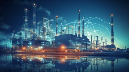 Modern factory, communication network. Telecommunication. IoT, Internet of Things, ICT, Information communication Technology,. Smart factory. Digital transformation, cloud connecting, generate by AI