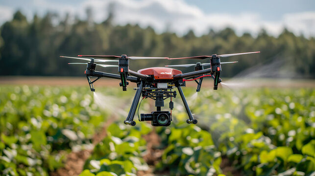 Drones flying on the air to spray pesticides, agricultural technology drones, pest control using drones.