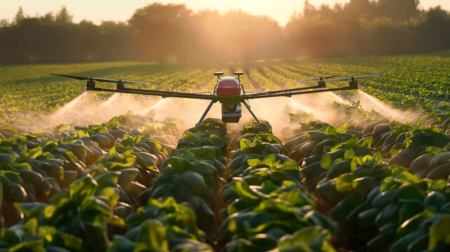 Drones flying on the air to spray pesticides, agricultural technology drones, pest control using drones.