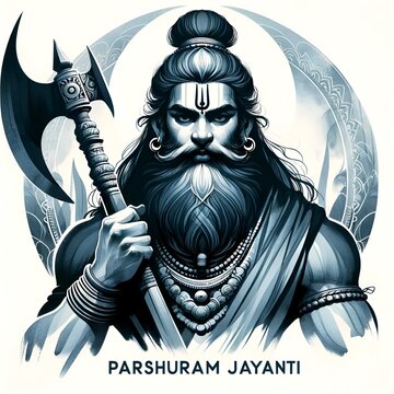 Illustration for parshuram jayanti with portrait of lord parshuram with axe.
