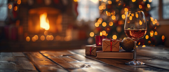 Coffee table with a glass of wine and a book against the background of a blurry Christmas tree with a pile of wrapped gifts and a fireplace with a kindled fire in the living room on a sunny day.  - obrazy, fototapety, plakaty