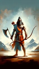 Fototapeta premium Illustration of a lord parshuram with axe and bow in oil painting style.