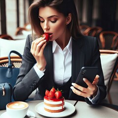Businesswoman eating the strawberry on the cake