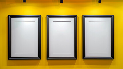 Three sleek empty frames in black, white, and gray on a bright yellow wall, lit by high-definition track lighting