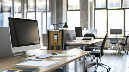 Fototapeta premium Modern office space with desks equipped with computers, ergonomic chairs, and personal workstations, flooded with natural light from large windows
