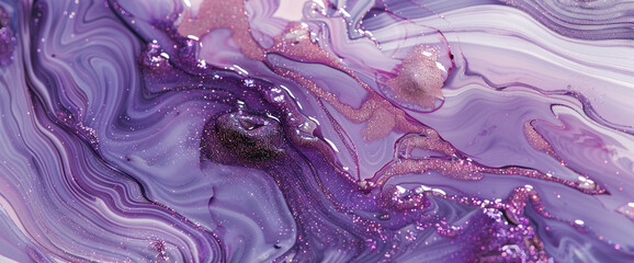 Ethereal lavender marble ink cascades gracefully over a mesmerizing abstract scene, illuminated by sparkling glitters. - obrazy, fototapety, plakaty