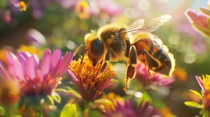 Delicate Bee Lands on Vibrant Flower Generative AI