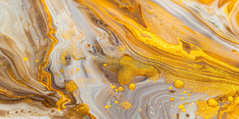 Enigmatic citrine marble ink swirling gracefully amidst a hypnotic abstract environment, twinkling with subtle glitters.