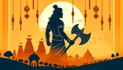 Illustration of lord parshuram silhouette holding an axe for parshuram jayanti celebration.