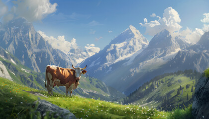 Amidst the majestic beauty of the Alps, a cow stands serenely, surrounded by lush green pastures and towering snow-capped peaks. The cow is adorned with a bell around its neck