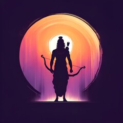 Illustration of a lord parshuram silhouette with bow in oil painting style.