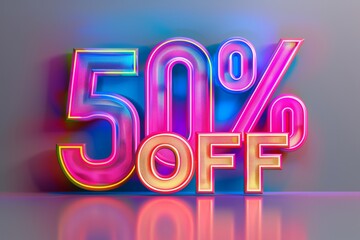 Vibrant 50% Off Holographic Promotion, Eye-Catching 3D Rendered Sales Tag, Reflective Surface for Retail Deals