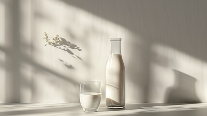 Minimalist design with milk bottle and glass.