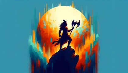 Parshuram jayanti illustration with silhouette of lord parshuram with axe.