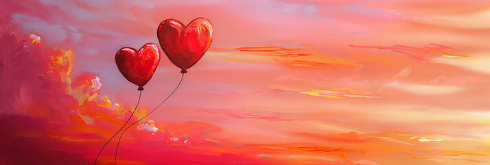 A romantic scene with two red heart-shaped balloons floating in a dreamy pink sky, evoking feelings of love