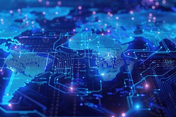 A computer screen shows a blue and orange world map with many dots. The map is very detailed and has a futuristic feel to it