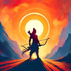 Illustration for parshuram jayanti with silhouette of lord parshuram with bow.