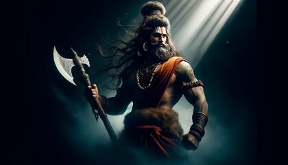 Realistic illustration of lord parshuram portrait with axe.