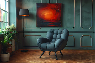 Luxurious Office Space with Rich Wood Flooring and Stylish Artwork