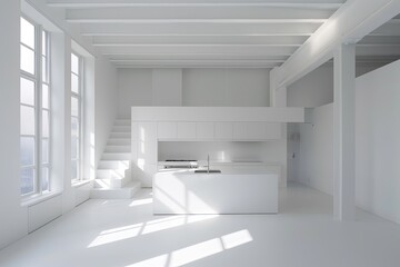 White Clean Space: Luxury Minimalist Open-Concept Kitchen Design in Bright Indoor Workshop
